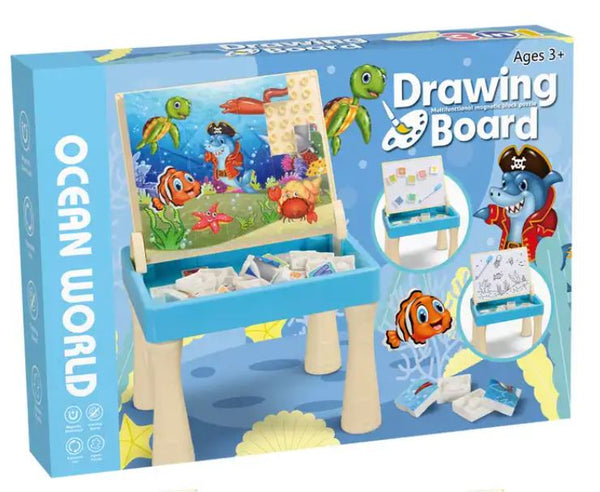 Ocean Cartoon Blocks Puzzle Board Table Kids Building Block Table With Drawing Board Toy Set