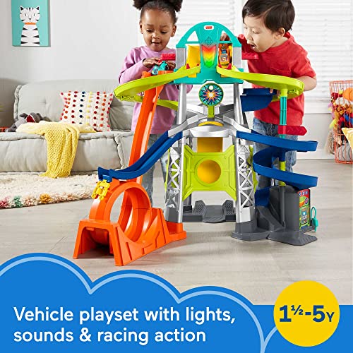 Fisher-Price Little People Toddler Race Track Playset with Lights Sounds and Hot Wheels Racing Loop, 2 Wheelies Cars, Launch & Loop Raceway - sctoyswholesale