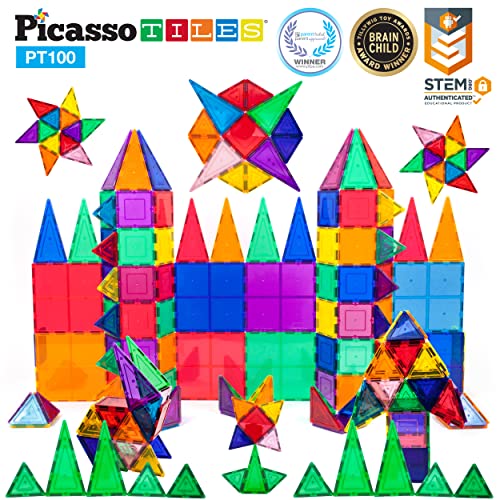 PicassoTiles 100 Piece Set 100pcs Magnet Building Tiles Clear Magnetic 3D Building Blocks Construction Playboards, Creativity Beyond Imagination
