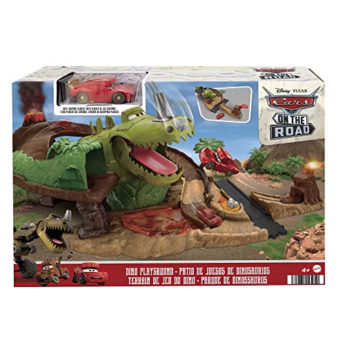 Disney Pixar's Cars Toys, Dinosaur Playground Playset With Lightning McQueen Toy Car, Dinosaur And Kid-Activated Action, Cars On The Road