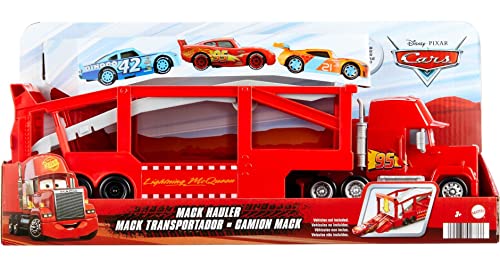 Disney and Pixar Cars Mack Hauler, 13-inch Toy Transporter Truck with Ramp & Carry Storage for 12 Vehicles