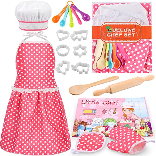 Kids Cooking Baking Set 17Pcs, Kids Chef Role Play Costume Set - Chef Hat and Matching Pink Apron Children Dress up