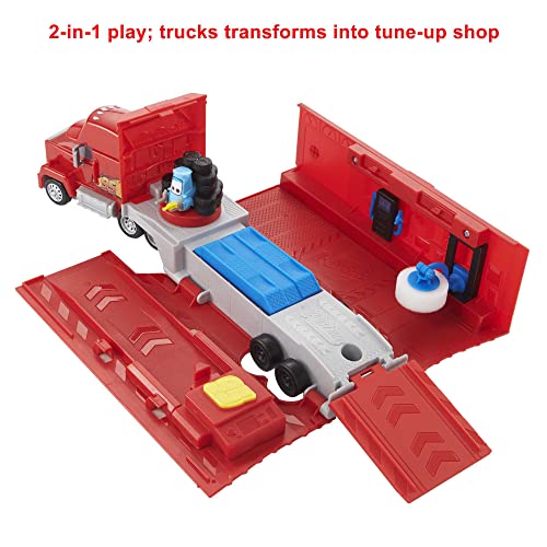 Disney and Pixar Cars Transforming Mack Playset, 2-in-1 Toy Truck & Tune-Up Station with Launcher, Lift & More, Movie-Inspired Graphics