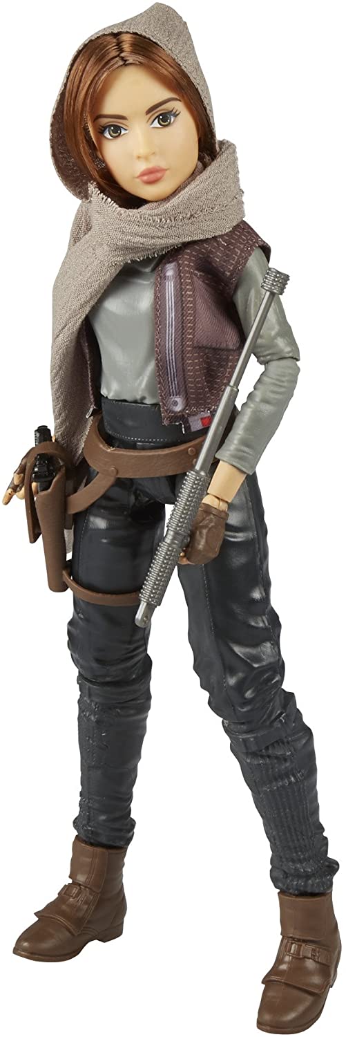  Jyn Erso Action Figure with a scarf over her head holding a weapon. 