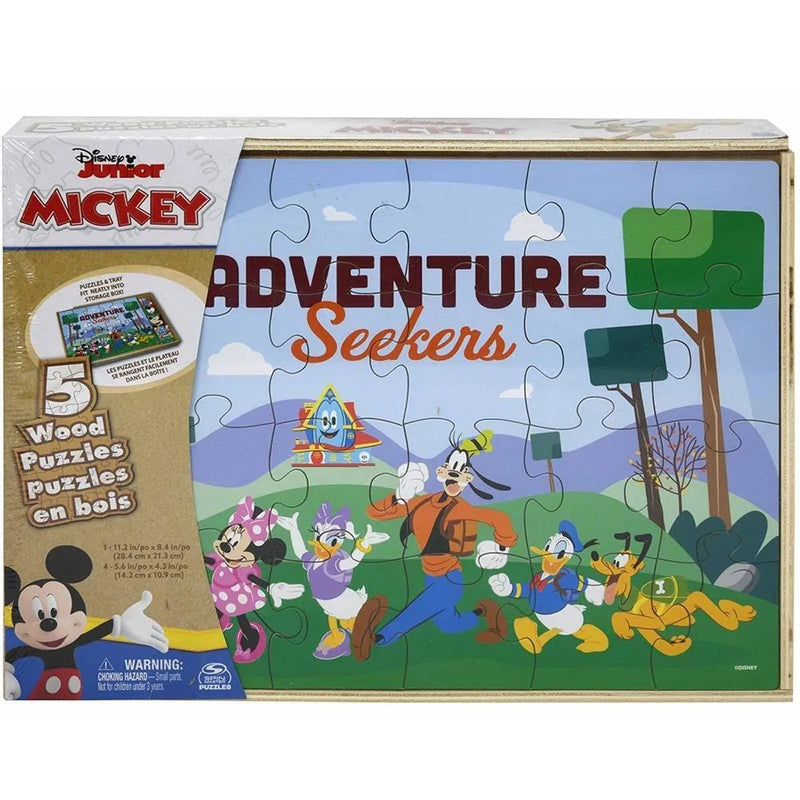 Disney Junior Mickey Adventure Seekers 5 Wood Puzzles with Storage Box
