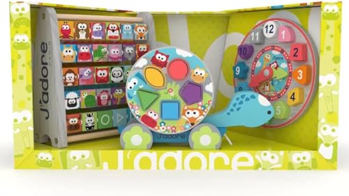 J'adore Wood 3 in 1 Baby Gift Set with Abacus, Turtle Pull Toy and Clock