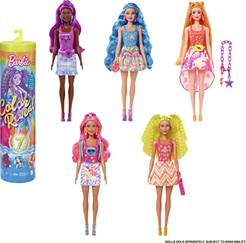 Barbie Color Reveal Doll & Accessories, Neon Tie-Dye Series, 7 Surprises, 1 Doll (Styles May Vary)