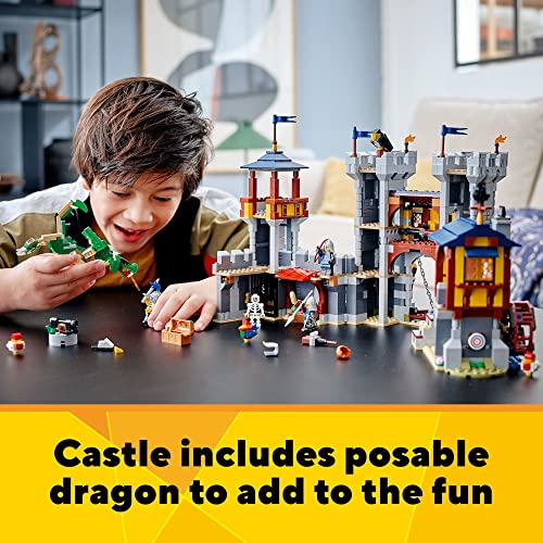 LEGO Creator 3 in 1 Medieval Castle Toy, Transforms from Castle to Tower to Marketplace, Includes Skeleton and Dragon Figure, with 3 Minifigures and Catapult, 31120