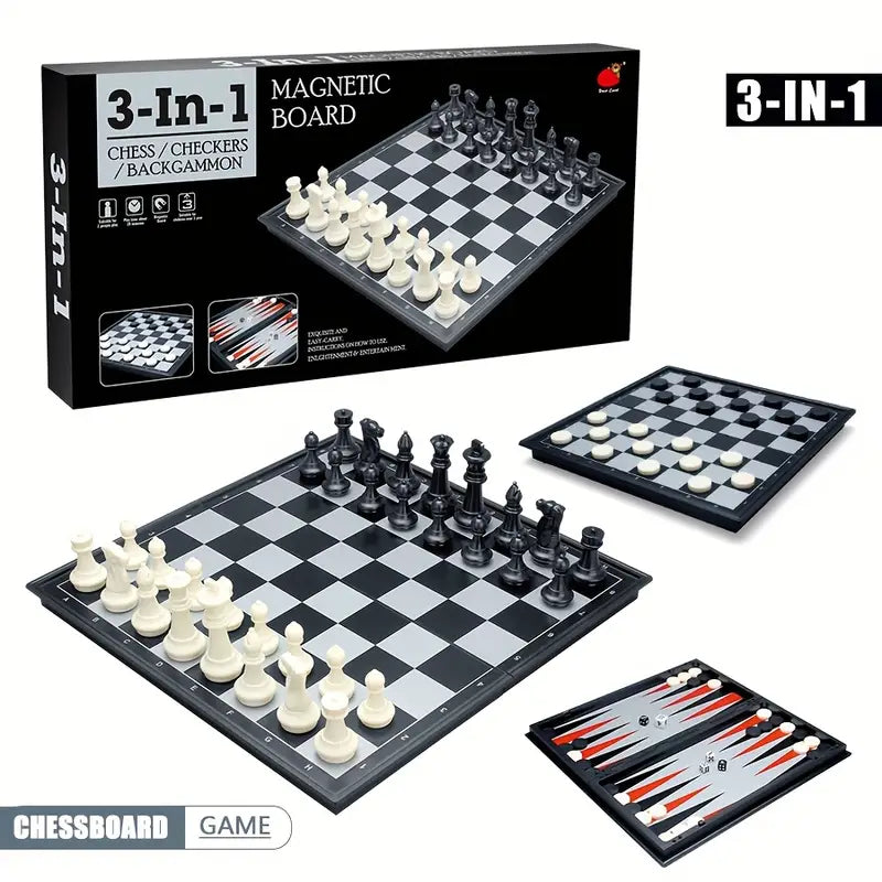 Board Game Magnetic 3 in 1 Kids and Adult, Folding Portability Travel Chess Set