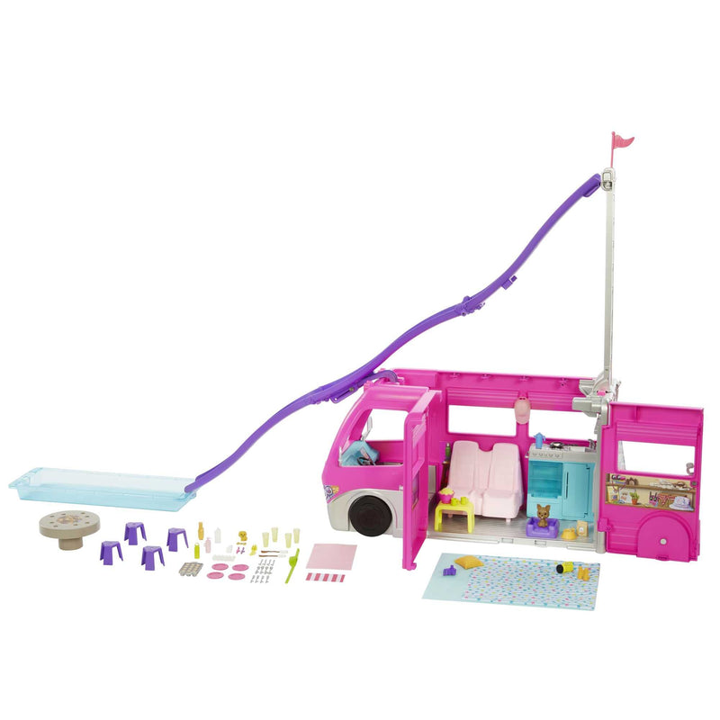 Barbie Camper Playset, DreamCamper Toy Vehicle with 60 Doll-Sized Accessories Including Furniture, Pool & 30-inch Slide