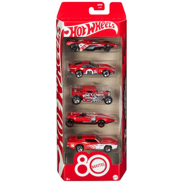 Hot Wheels Toy Cars, 5-Pack of 1:64 Scale Toy Cars with Collectible Deco & Packaging, Core Mattel 80th Anniversary Set of 5 Vehicles, Styles May Vary