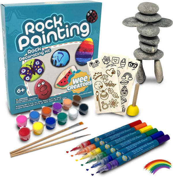 Rock Painting Kit for Kids - Arts and Crafts for Girls & Boys of all ages - 10 Rocks, 6 Acrylic Mess-Free Paint Markers, 12 Miniature Paint Sets