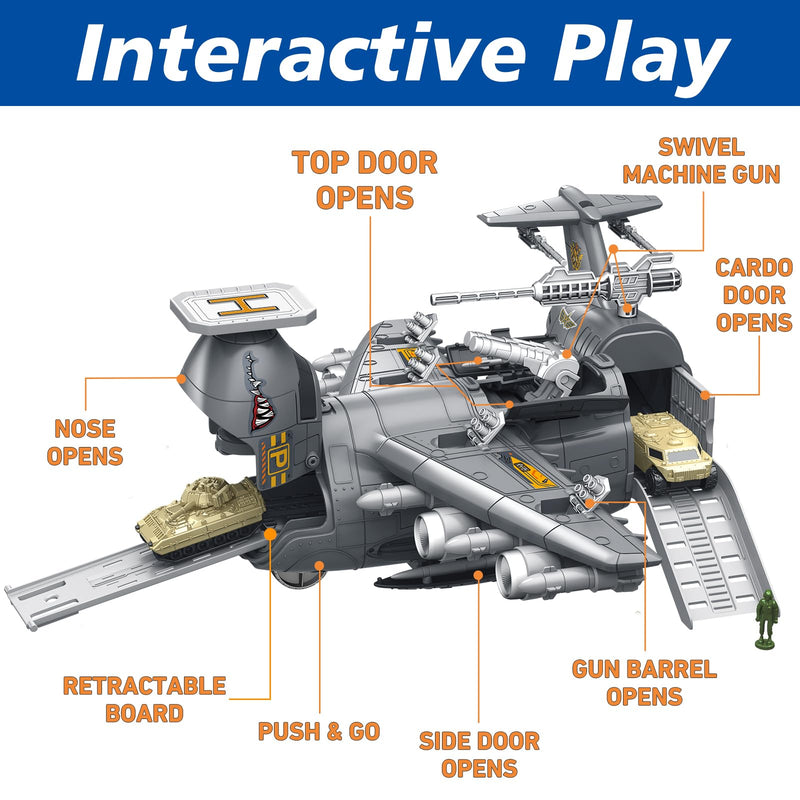 Military Airplane Toy for Kid - 2-in-1 Airplane Playset for Ages 5-7 3-6 Boy, Fighter Jet with 6 Truck Vehicle, 5 Helicopter, Army Men, Car Kit for 4 5 6 7 8 Years Old Child Birthday