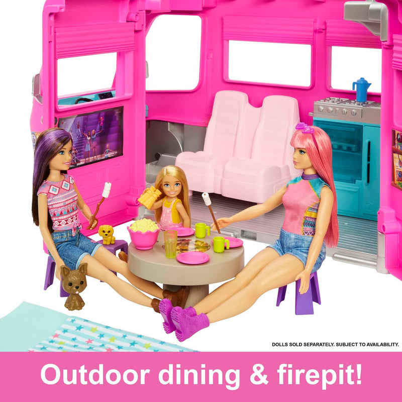 Barbie Camper Playset, DreamCamper Toy Vehicle with 60 Doll-Sized Accessories Including Furniture, Pool & 30-inch Slide