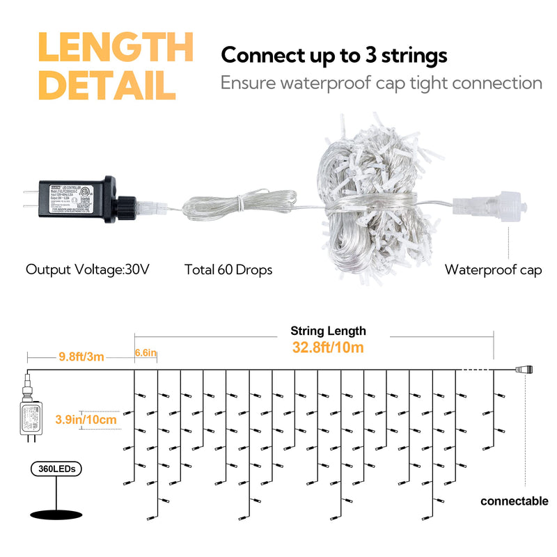 32 FT 360 LED Christmas Icicle Lights Outdoor Waterproof, 8 Modes Plug in Curtain String LIghts With 60 Drops,Christmas Lights for Wedding, Party ,Bedroom, Home, Garden ,Wall Decorations(Warm White)