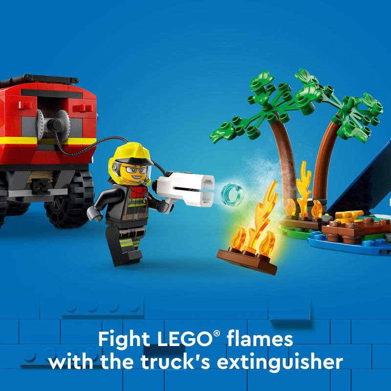 LEGO City 4x4 Fire Truck with Rescue Boat Toy for Kids Ages 5 and Up, Pretend Play Toy for Boys and Girls with a Truck Toy, Trailer, Dinghy and Tent, Plus 1 Camper and 2 Firefighter Minifigures, 60412