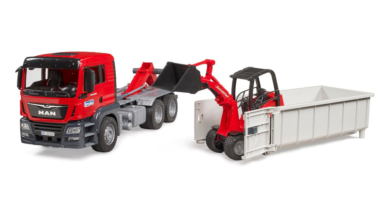 Bruder Man TGS Truck with Roll Off Container and Schäffer Compact Loader
