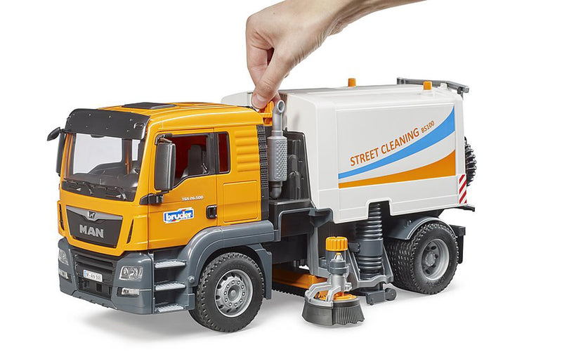 Bruder Toys - Commercial Realistic MAN TGS Street Sweeper Truck with Open-able Doors, Adjustable Brushes, and Flexible Hose - Ages 4+