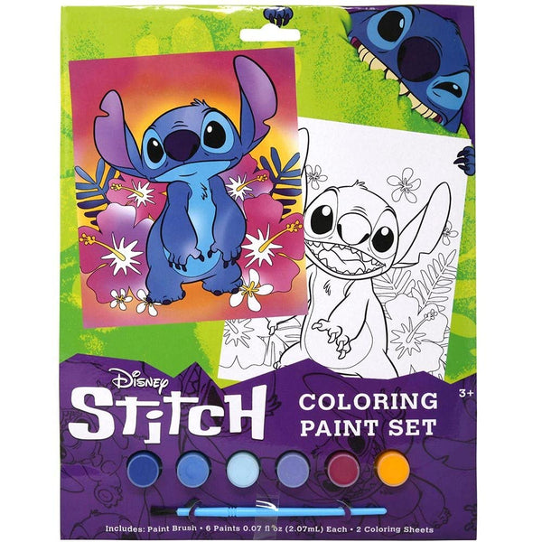Disney Stich Coloring Paint Set - Disney Lilo and Stitch Movie Kids Art Set, Includes 6 Acrylic Paint Set, Brush, and 2 Coloring Sheets, Fun Children Painting Set Activity for Boys and Girls Ages 3+