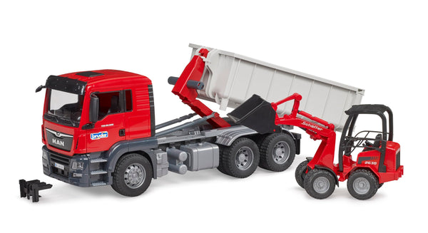 Bruder Man TGS Truck with Roll Off Container and Schäffer Compact Loader