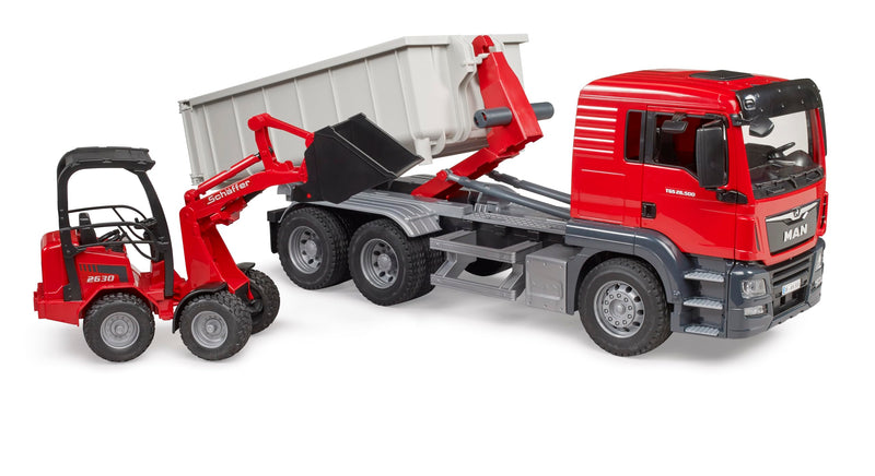 Bruder Man TGS Truck with Roll Off Container and Schäffer Compact Loader