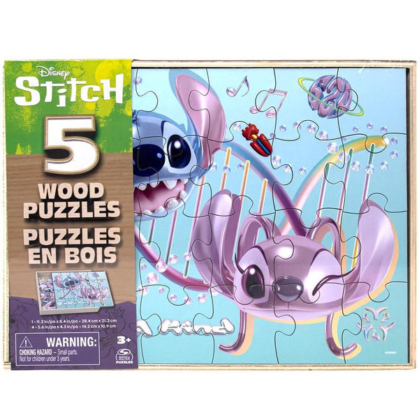 Disney Stitch 5-Pack Wooden Puzzles for Kids with Storage Tray