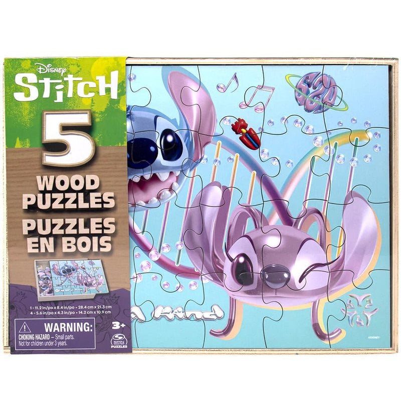 Disney Stitch 5-Pack Wooden Puzzles for Kids with Storage Tray
