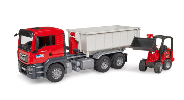 Bruder Man TGS Truck with Roll Off Container and Schäffer Compact Loader