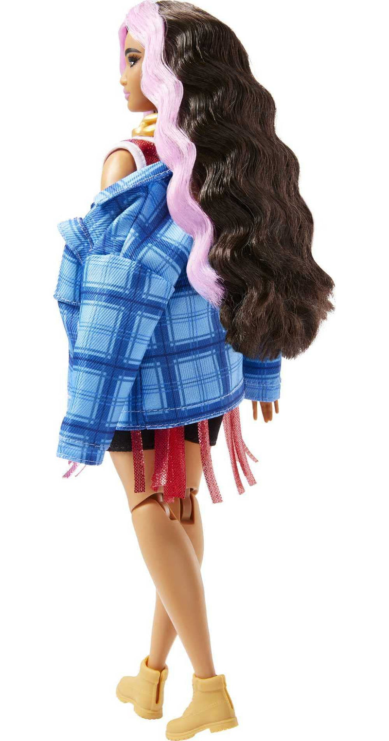 Barbie Extra Doll and Accessories with Pink-Streaked Crimped Hair in Jersey Dress with Pet Corgi