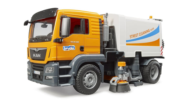 Bruder Toys - Commercial Realistic MAN TGS Street Sweeper Truck with Open-able Doors, Adjustable Brushes, and Flexible Hose - Ages 4+