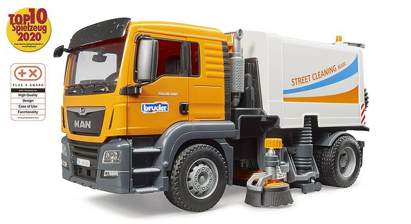 Bruder Toys - Commercial Realistic MAN TGS Street Sweeper Truck with Open-able Doors, Adjustable Brushes, and Flexible Hose - Ages 4+