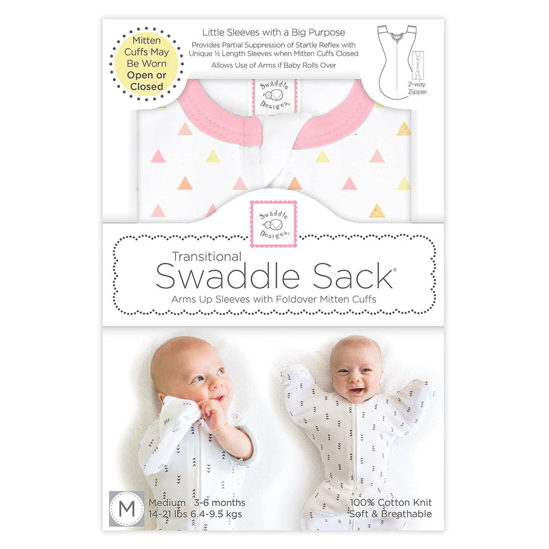 SwaddleDesigns Transitional Swaddle Sack with Arms Up Half-Length Sleeves and Mitten Cuffs, Tiny Triangles, Pink, Medium, 3-6mo, 14-21 lbs