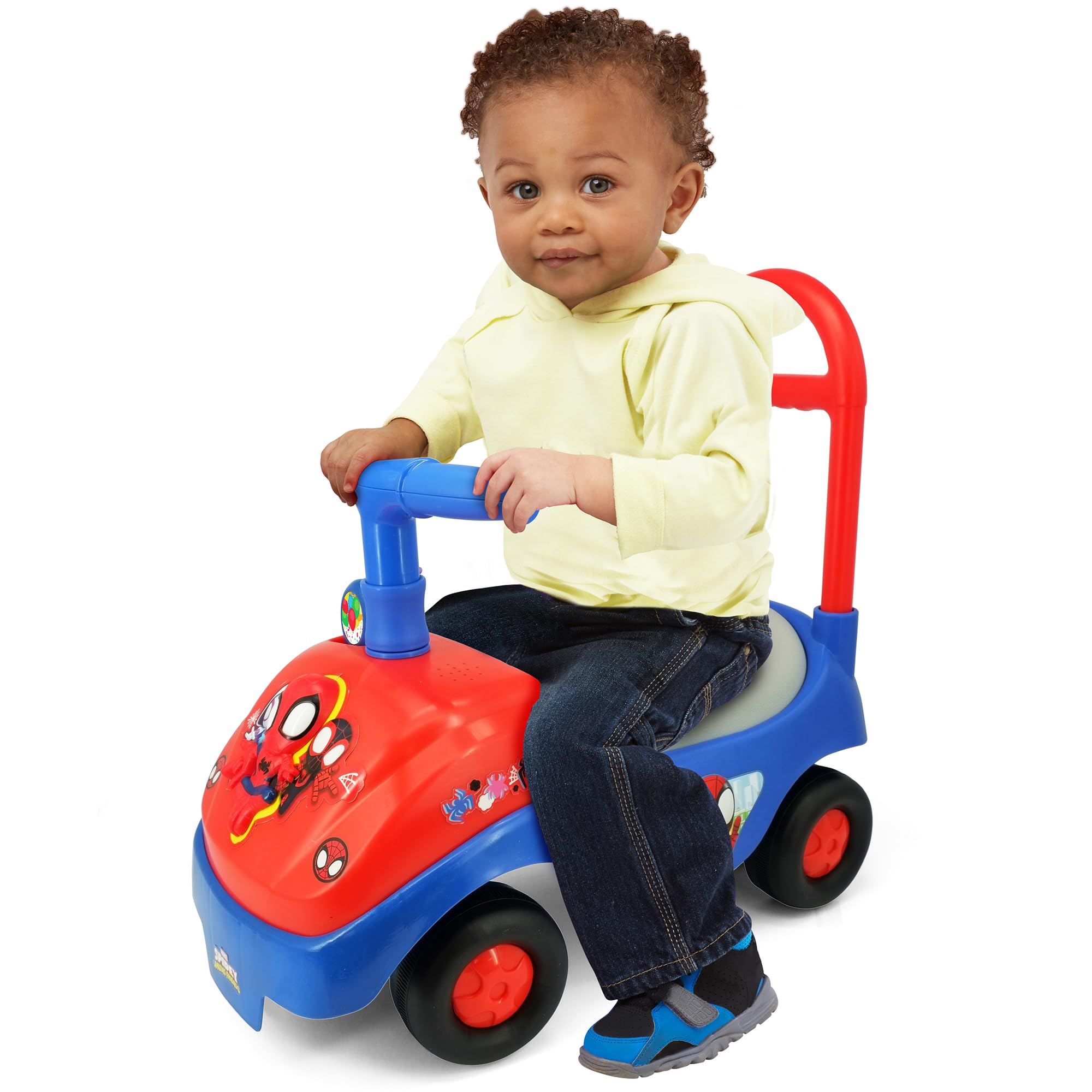 Ride-On, Kiddieland: Foldable Handle  Spidey  Foot to Floor Vehicle, Spiderman, Interactive Dashboard & Sounds, Toy Phone, Toddlers & Kids 18-36mo