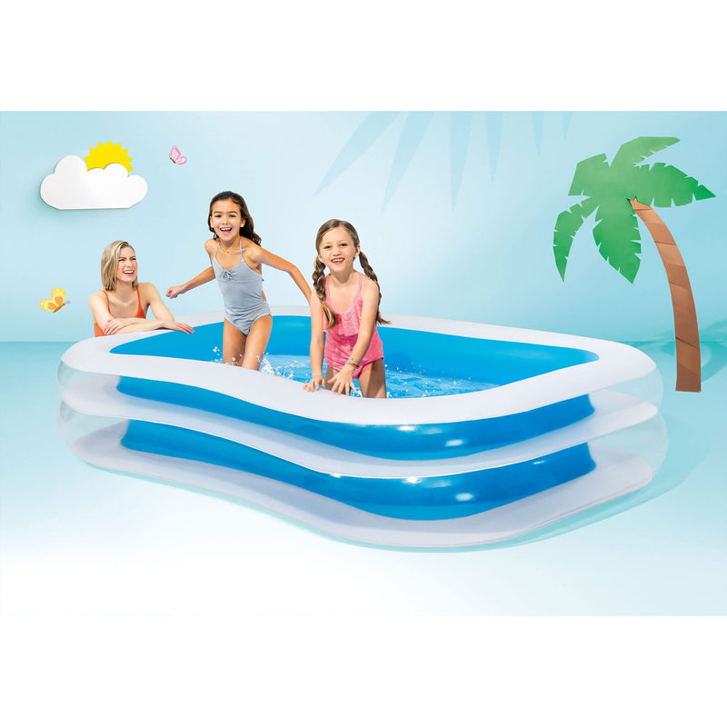 Intex 56483EP Inflatable 8.5' x 5.75' Swim Center Family Pool for 2-3 Kids, Backyard Splash Pool for Children 6+ Years Old, 198-Gallons, Blue & White