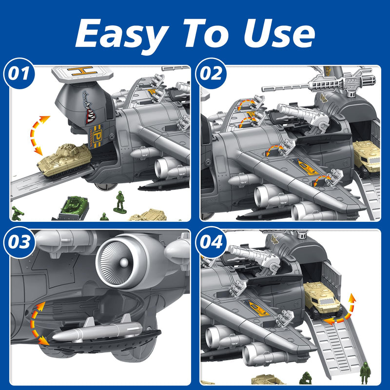 Military Airplane Toy for Kid - 2-in-1 Airplane Playset for Ages 5-7 3-6 Boy, Fighter Jet with 6 Truck Vehicle, 5 Helicopter, Army Men, Car Kit for 4 5 6 7 8 Years Old Child Birthday