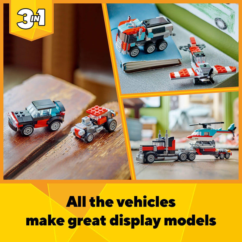 LEGO Creator 3 in 1 Flatbed Truck with Helicopter Toy, Transforms from Flatbed Truck Toy to Propeller Plane to Hot Rod and SUV Car Toys, Gift Idea for Boys and Girls Ages 7 Years Old and Up, 31146
