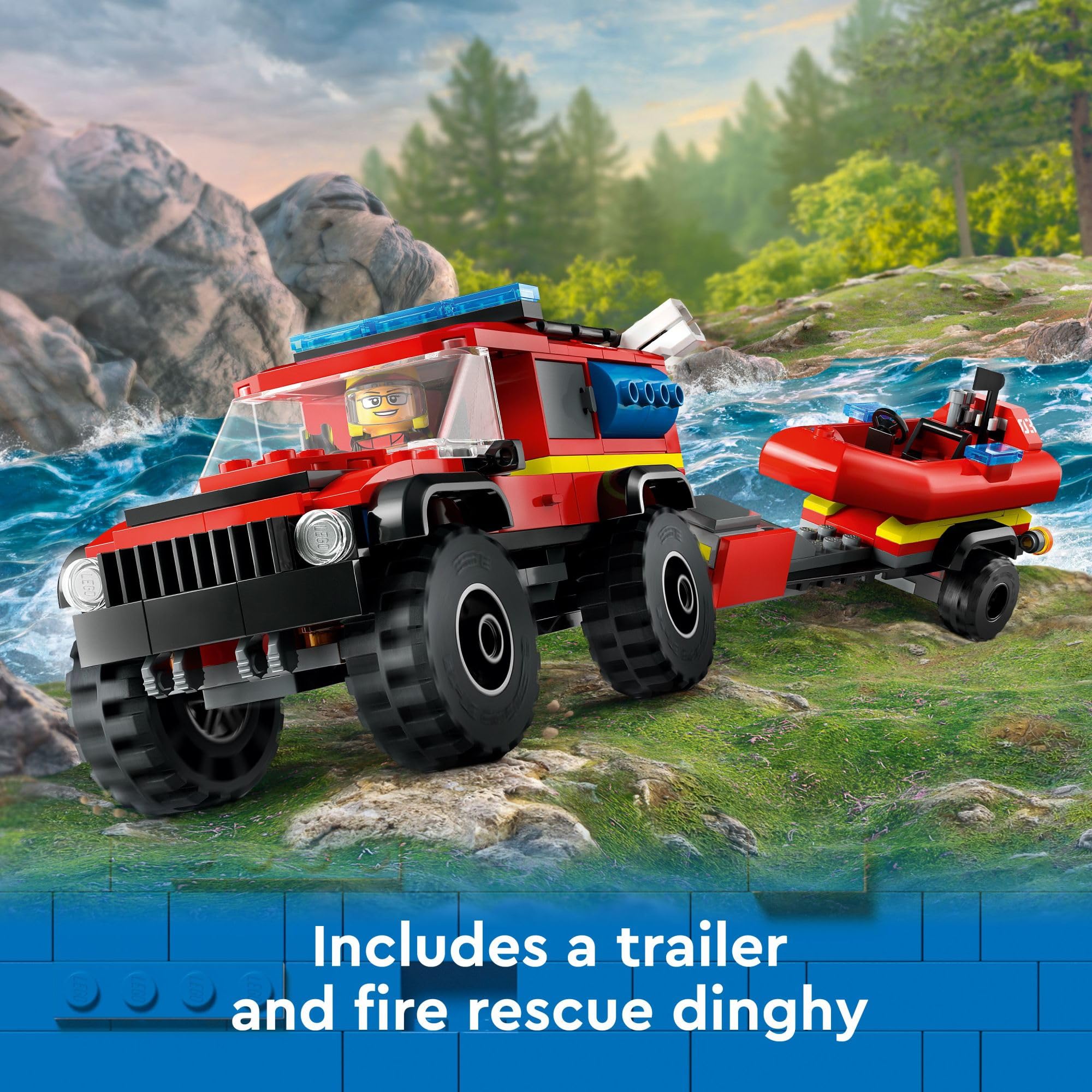 LEGO City 4x4 Fire Truck with Rescue Boat Toy for Kids Ages 5 and Up, Pretend Play Toy for Boys and Girls with a Truck Toy, Trailer, Dinghy and Tent, Plus 1 Camper and 2 Firefighter Minifigures, 60412