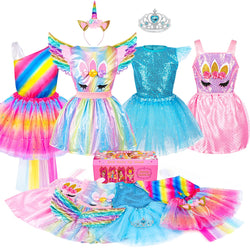 BIBUTY Princess Dresses for Girls Dress up Clothes Trunk, Pretend Play Costumes with 4 Sets of PrincesDresses/Wing/Headband, Princess Crown, Costumes Toys Gifts for 3-6yr Toddler Little Girls