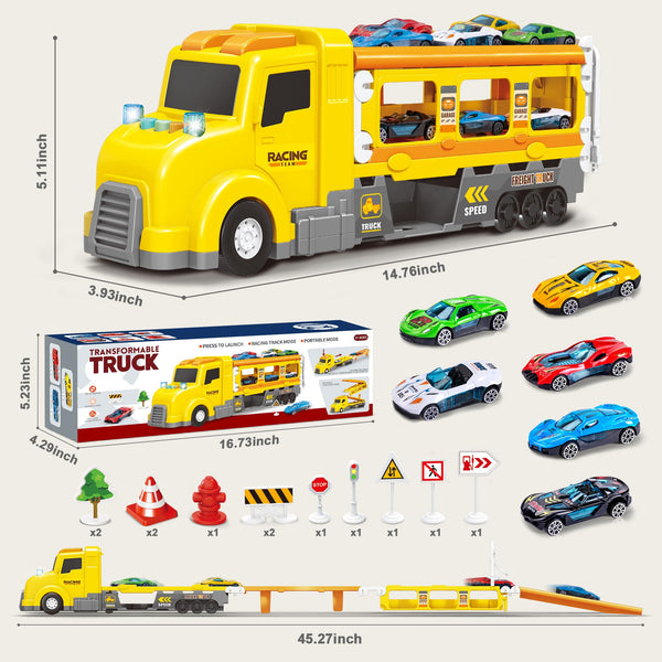 Transport Car Carrier Truck, Toddler Toys for 3+ Years Old Boys -with 6 Cars, Race Track Playset with Lights Sounds, Kids Gifts