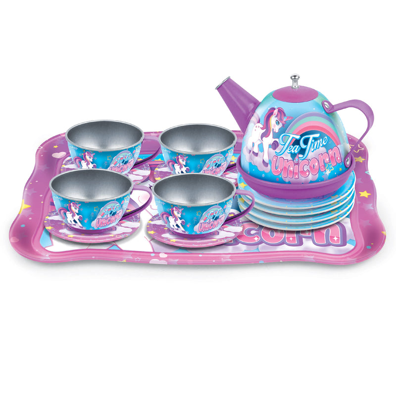 Tea Party Set, 14-Piece Unicorn  for Toddler Girls - Princess Pretend Game Playset with Teapot, Cups, Saucers and Serving Tray - 3 Years Old and Up