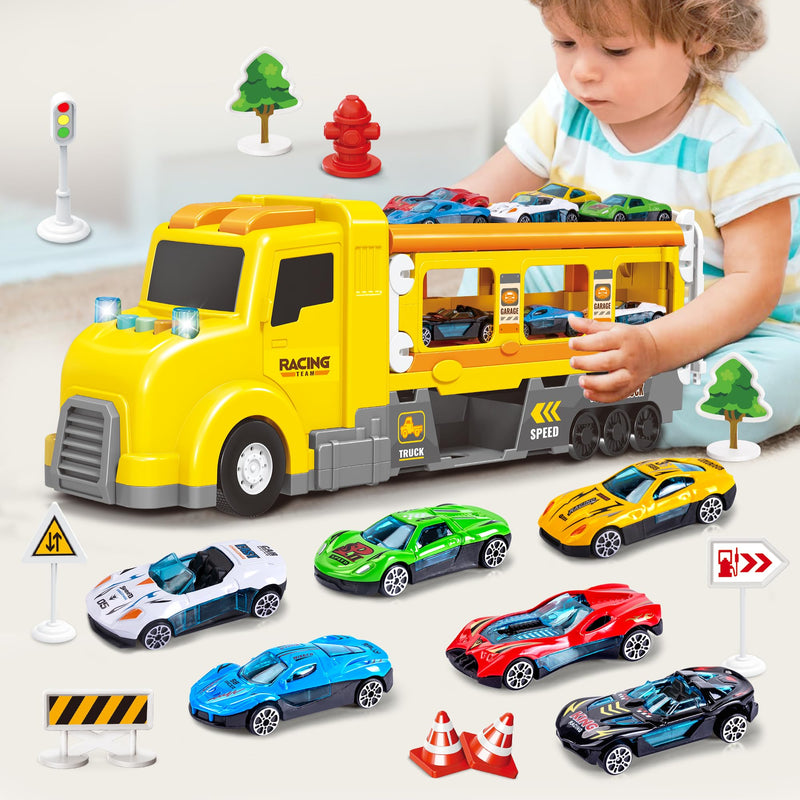 Transport Car Carrier Truck, Toddler Toys for 3+ Years Old Boys -with 6 Cars, Race Track Playset with Lights Sounds, Kids Gifts