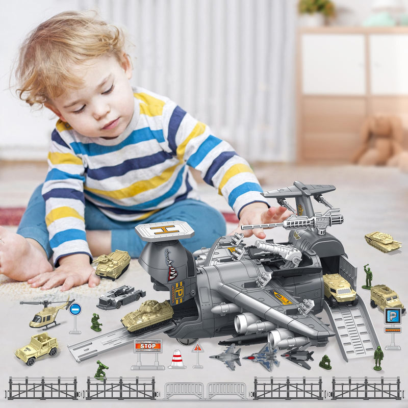 Military Airplane Toy for Kid - 2-in-1 Airplane Playset for Ages 5-7 3-6 Boy, Fighter Jet with 6 Truck Vehicle, 5 Helicopter, Army Men, Car Kit for 4 5 6 7 8 Years Old Child Birthday