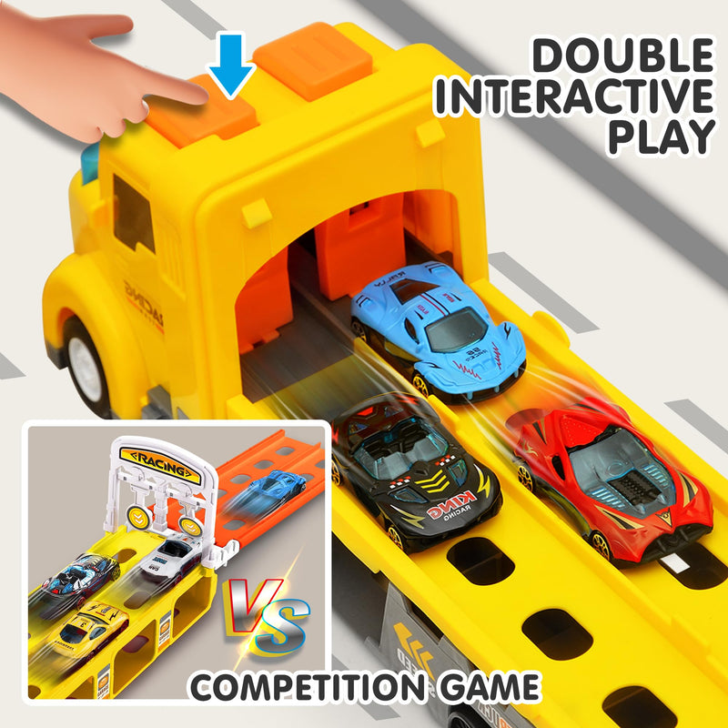 Transport Car Carrier Truck, Toddler Toys for 3+ Years Old Boys -with 6 Cars, Race Track Playset with Lights Sounds, Kids Gifts