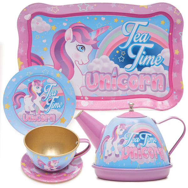 Tea Party Set, 14-Piece Unicorn  for Toddler Girls - Princess Pretend Game Playset with Teapot, Cups, Saucers and Serving Tray - 3 Years Old and Up