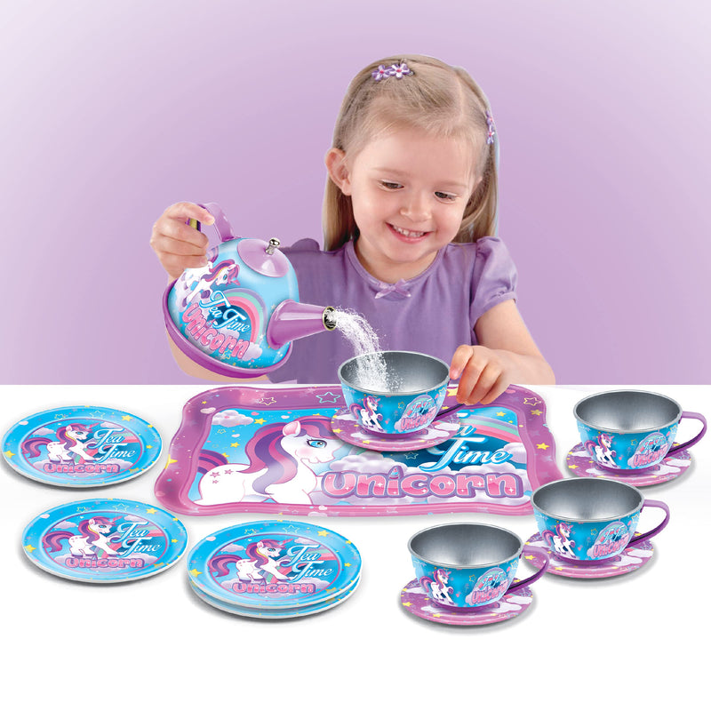 Tea Party Set, 14-Piece Unicorn  for Toddler Girls - Princess Pretend Game Playset with Teapot, Cups, Saucers and Serving Tray - 3 Years Old and Up