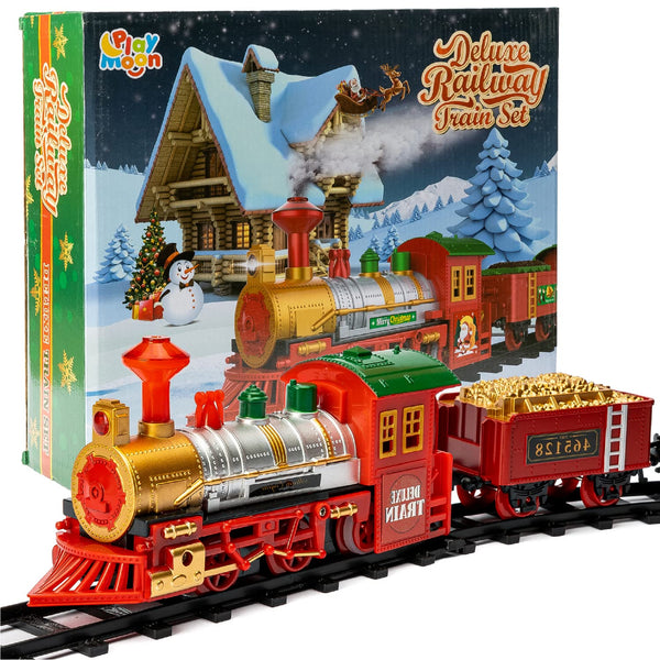 Play Moon Electric Train Set for Christmas Tree 39 PCS Deluxe Railway Train Tracks Set with Lights and Sounds for Christmas Decoration Train Car Engine and Accessories Toys for Boys and Girls