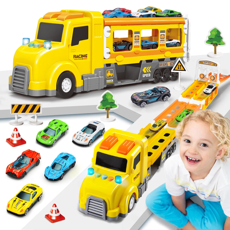 Transport Car Carrier Truck, Toddler Toys for 3+ Years Old Boys -with 6 Cars, Race Track Playset with Lights Sounds, Kids Gifts