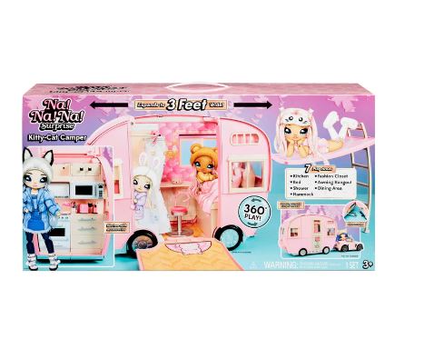 Na Na Na Surprise Kitty-Cat Camper Playset, Pink Toy Car Vehicle for Fashion Dolls with Cat Ears & Tail, Opens to 3 Feet Wide for 360 Play, 7 Areas, Accessories