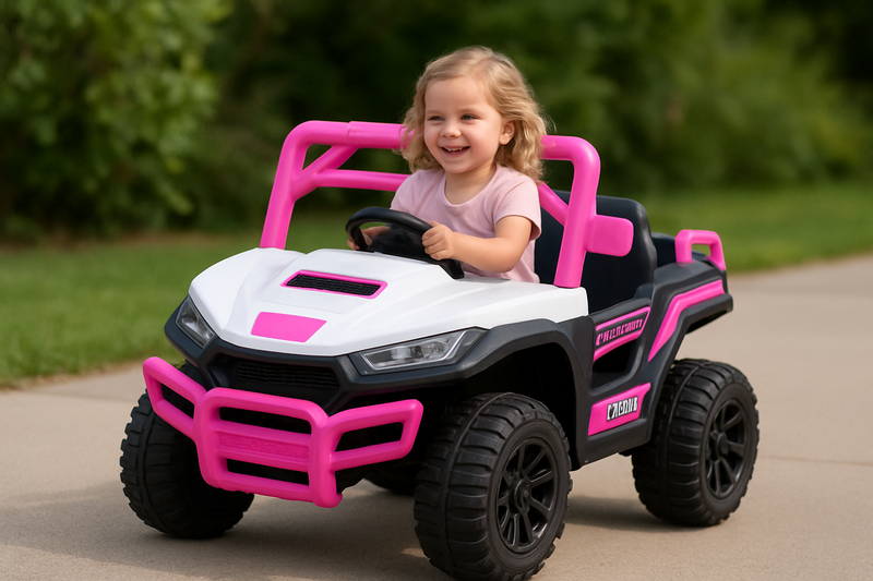 Kids Ride-On Car with 12V Battery Powered, Adjustable Speeds, Front Lights, R/C, and Four Wheel Suspension for Comfort
