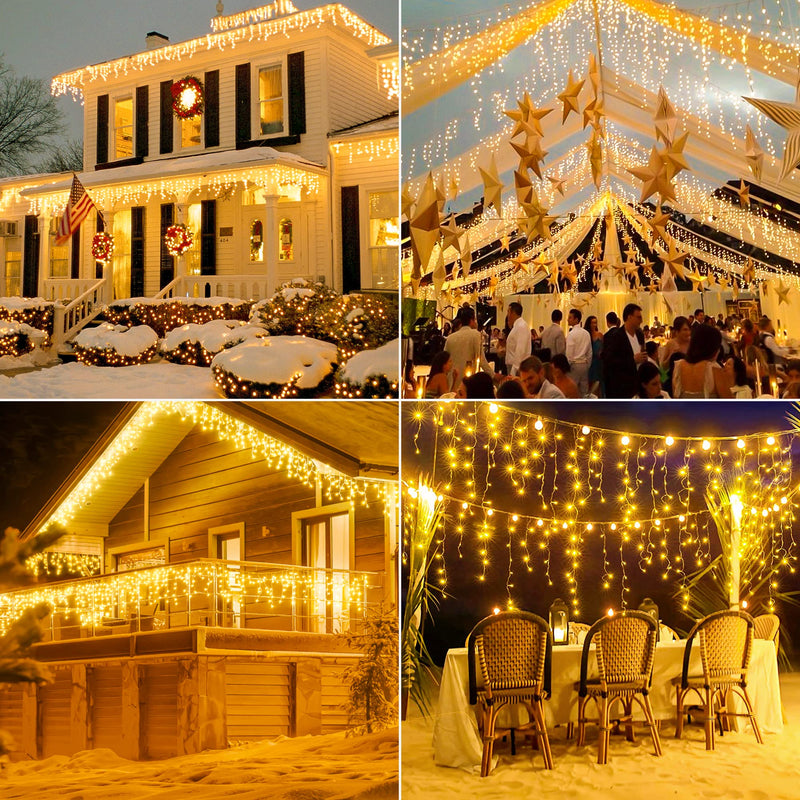 32 FT 360 LED Christmas Icicle Lights Outdoor Waterproof, 8 Modes Plug in Curtain String LIghts With 60 Drops,Christmas Lights for Wedding, Party ,Bedroom, Home, Garden ,Wall Decorations(Warm White)